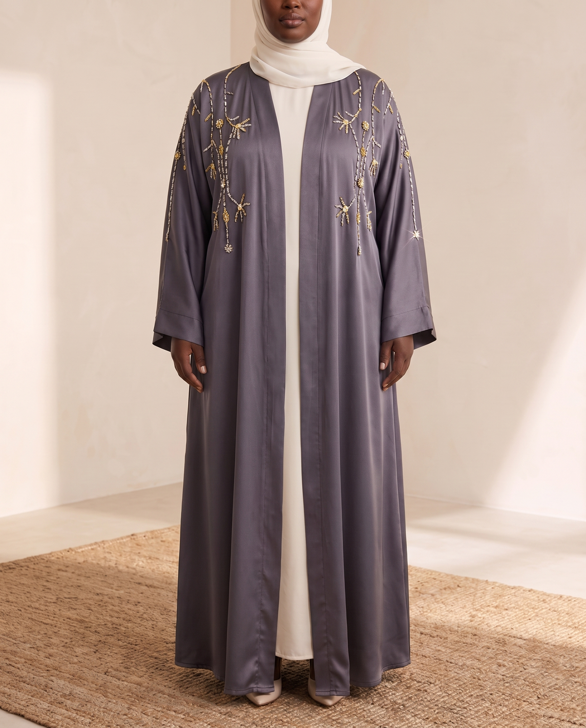 Nasrin Embroidered Evening Kaftan – Mauve Grey, on model