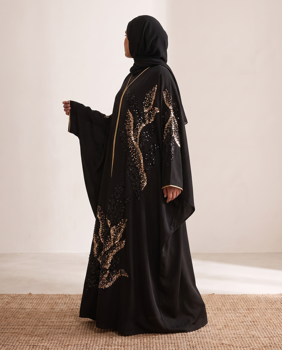 Nadia Sequin Floral Kaftan Abaya – Black, side view