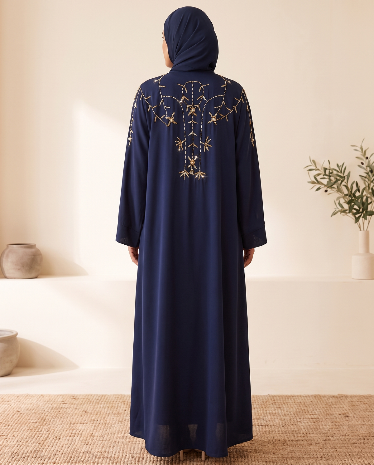 Nasrin Embroidered Evening Kaftan – Navy, back view