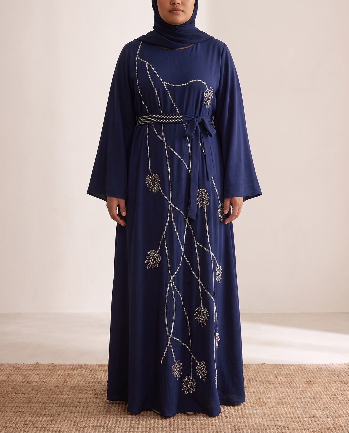 Nihal Lace-Up Open Abaya with Diamanté – Navy, on model