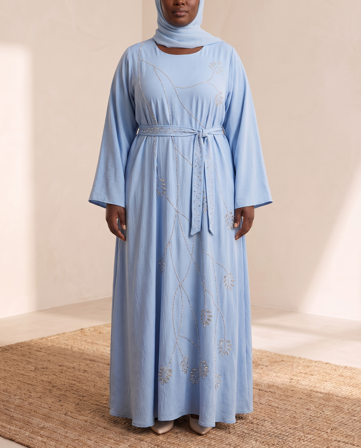 Nihal Lace-Up Open Abaya with Diamanté – Light Blue, on model