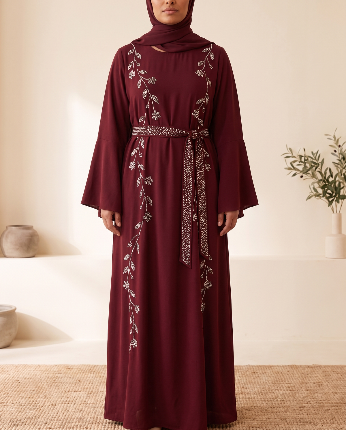 Nihal Lace-Up Open Abaya with Diamanté – Burgundy, on model
