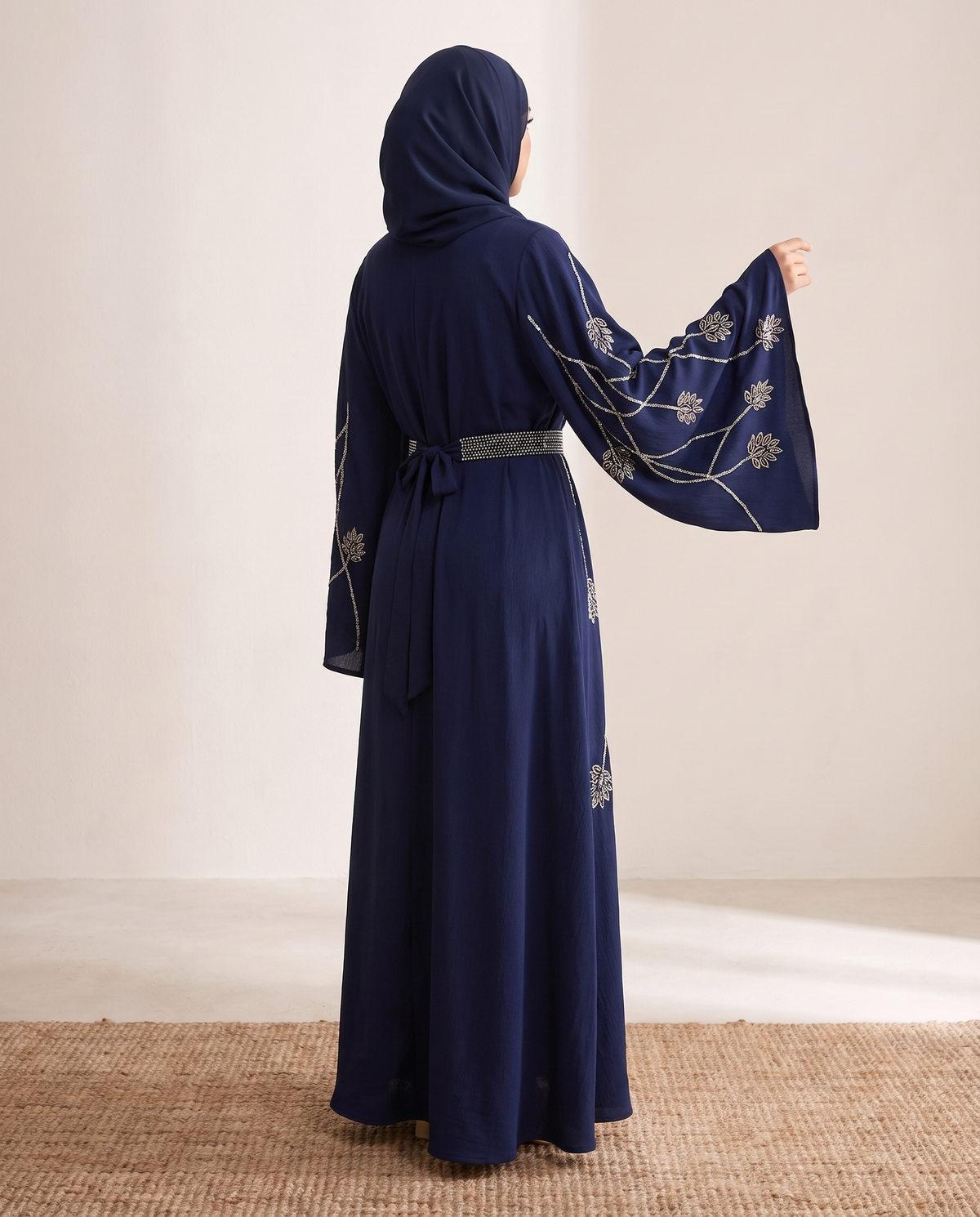 Nihal Lace-Up Open Abaya with Diamanté – Navy, side view