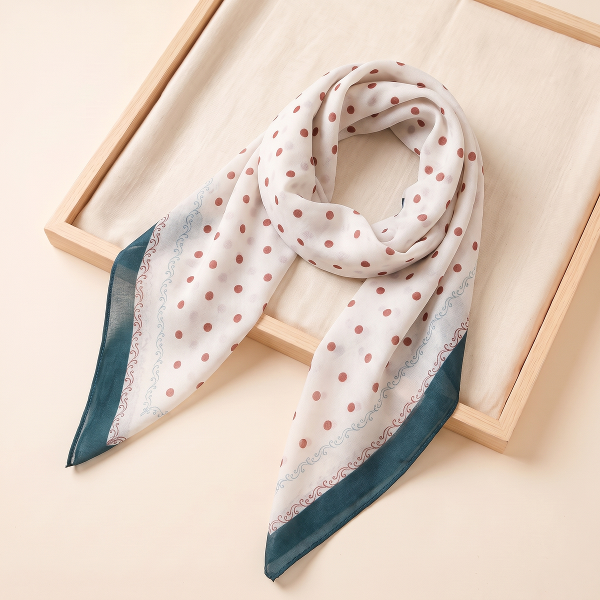 Nada Printed Square Hijab – Ivory & Teal Dot