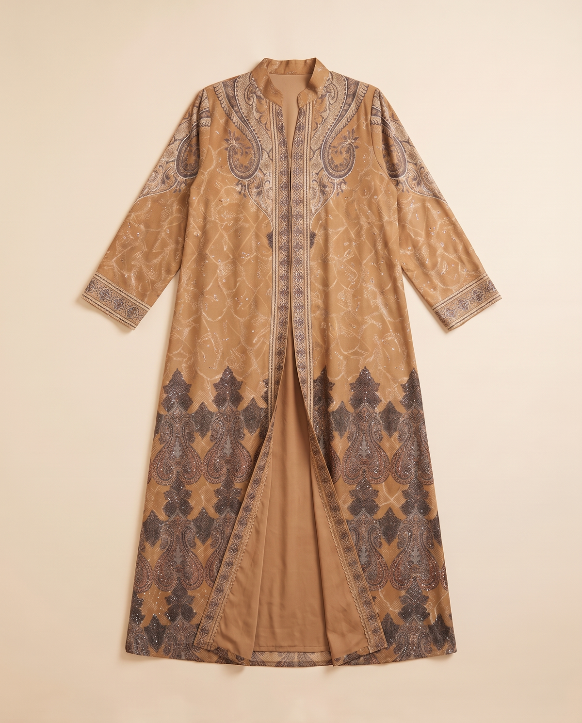Melis Printed Open Abaya with Lace Trim – Coffee