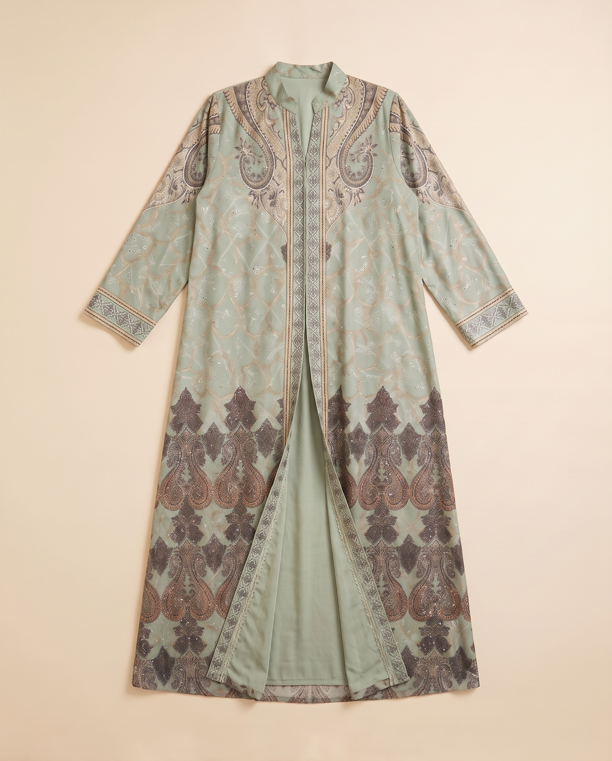 Melis Printed Open Abaya with Lace Trim – Sage