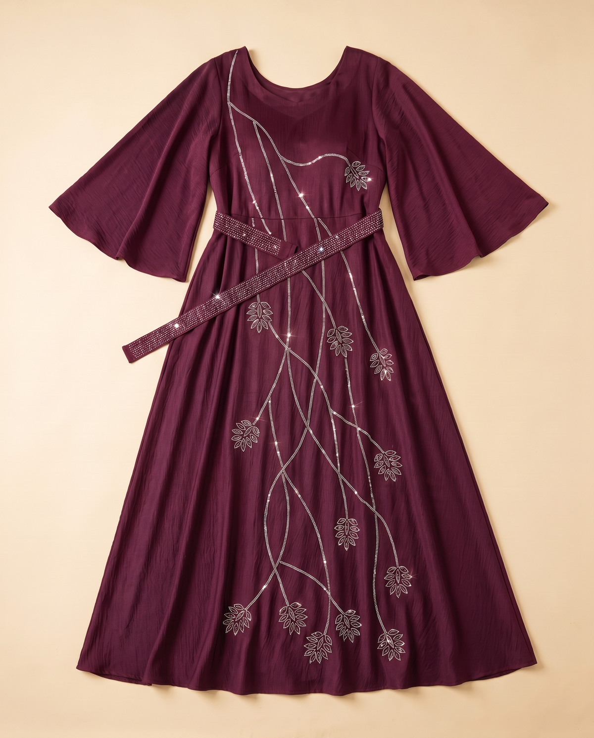 Nihal Lace-Up Open Abaya with Diamanté – Burgundy