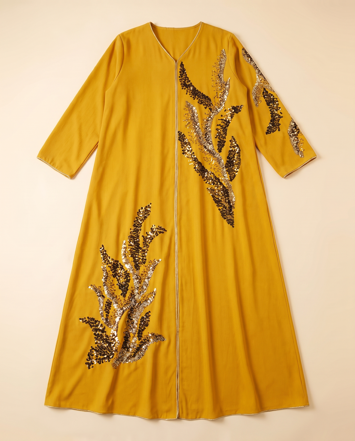 Nadia Sequin Floral Kaftan Abaya – Mustard