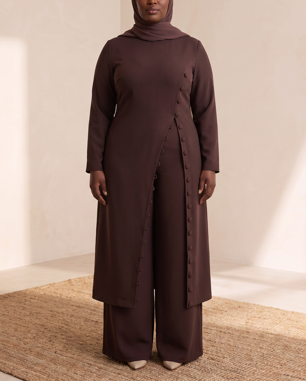 Open-Front Abaya and Trouser Two-Piece Set – Coffee, on model (curve)