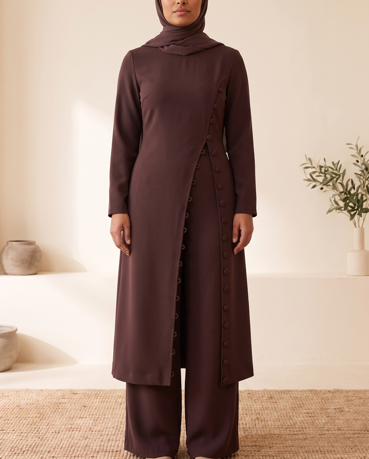 Open-Front Abaya and Trouser Two-Piece Set – Coffee, on model