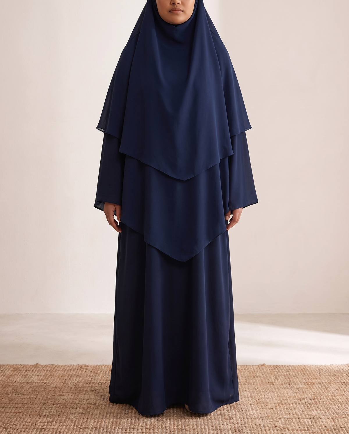 Overhead Khimar Prayer Scarf – Navy, on model