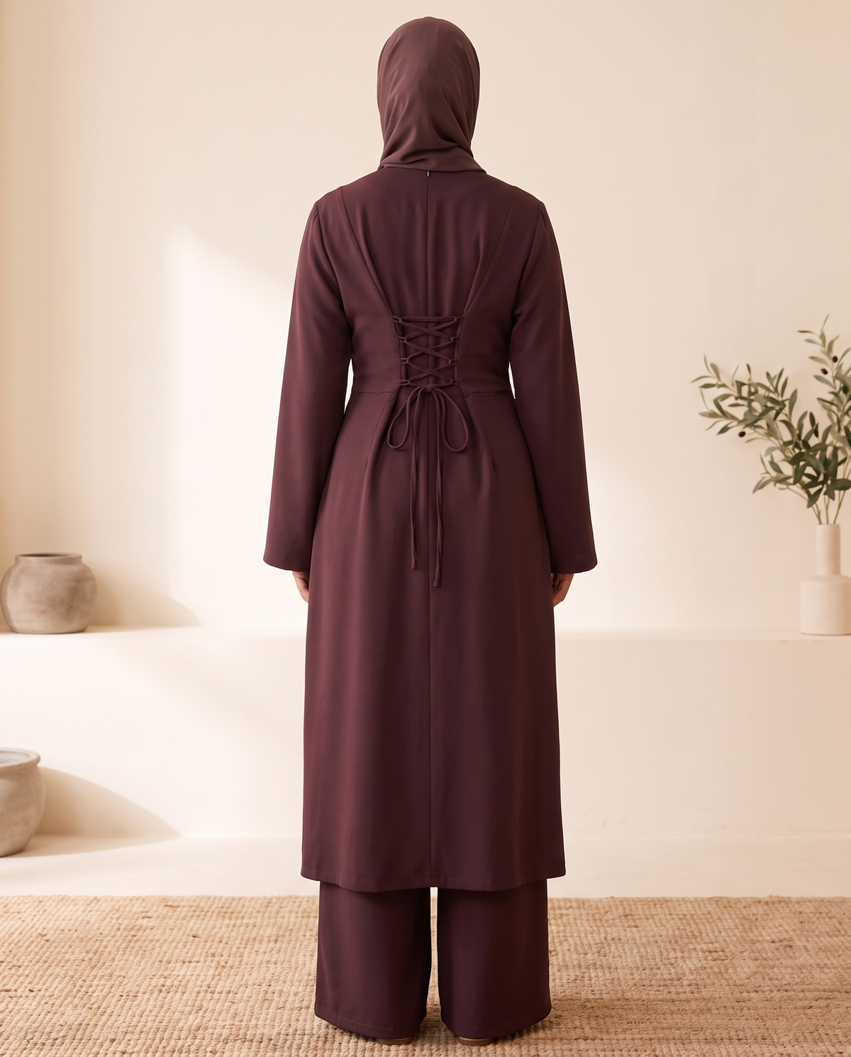 Open-Front Abaya and Trouser Two-Piece Set – back lace-up detail
