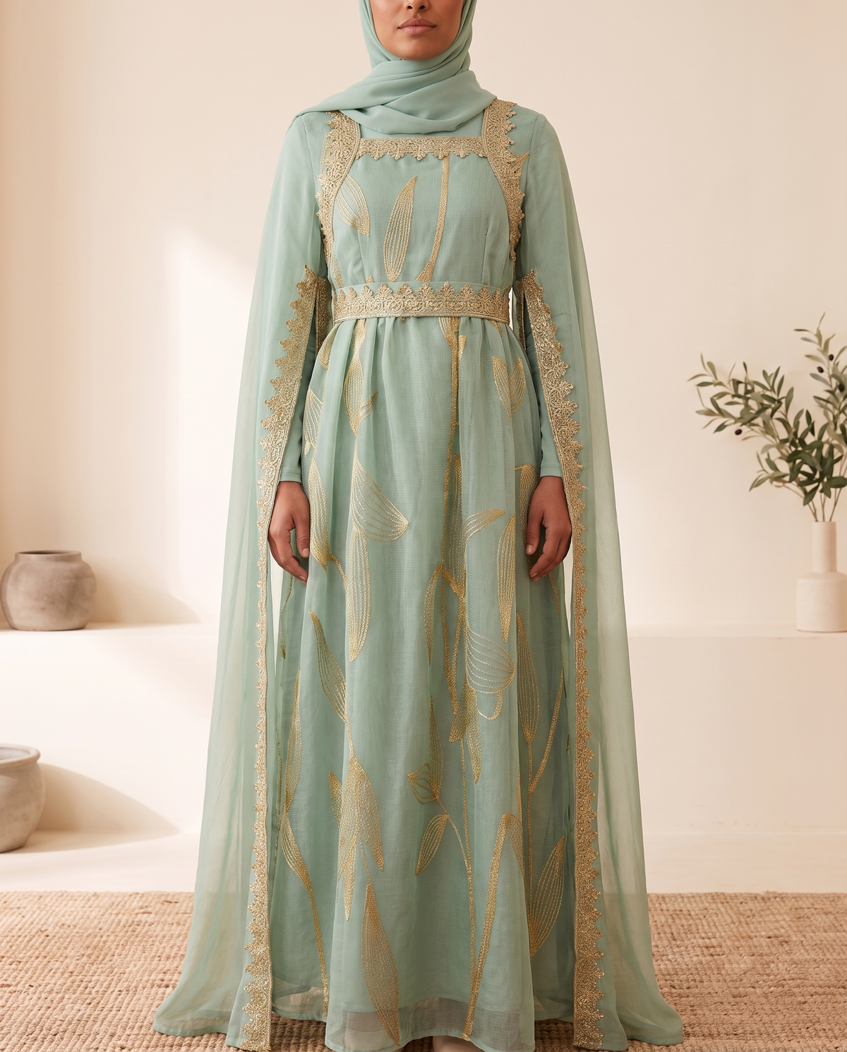 Parisa Embellished Occasion Kaftan – Mint, on model