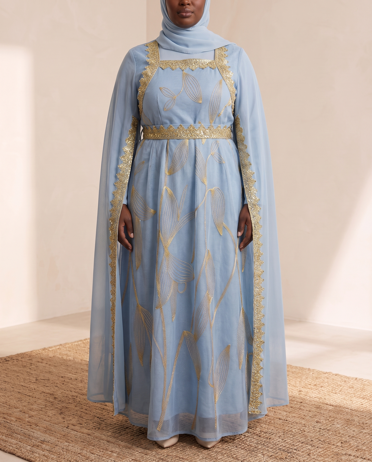 Parisa Embellished Occasion Kaftan – Light Blue, on model
