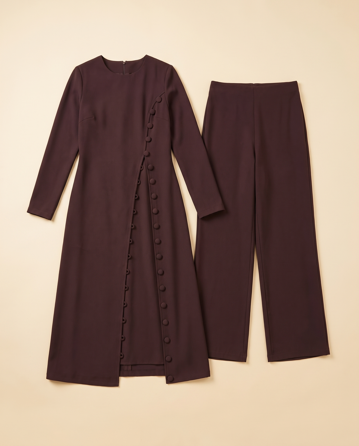 Open-Front Abaya and Trouser Two-Piece Set – Coffee