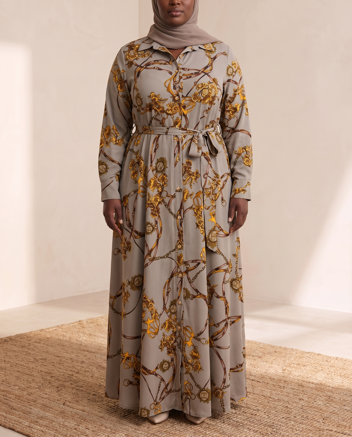 Patch-Detail Printed Shirt Abaya – Grey, on model