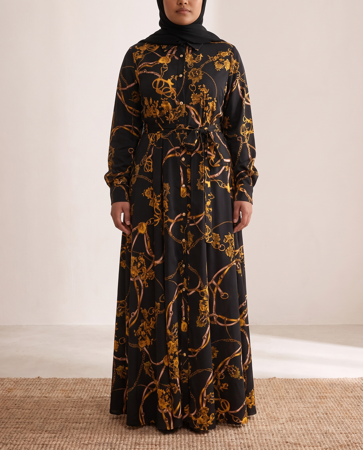 Patch-Detail Printed Shirt Abaya – Black, on model