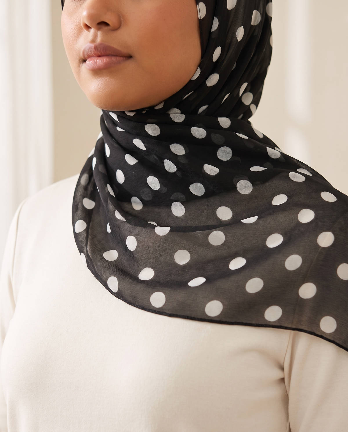 Printed Chiffon Hijab Shawl – Black Polka Dot, on model