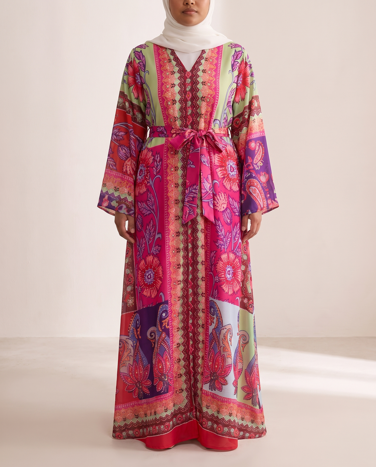 Printed Jalabiya With Waist Sash – Fuchsia Paisley, on model