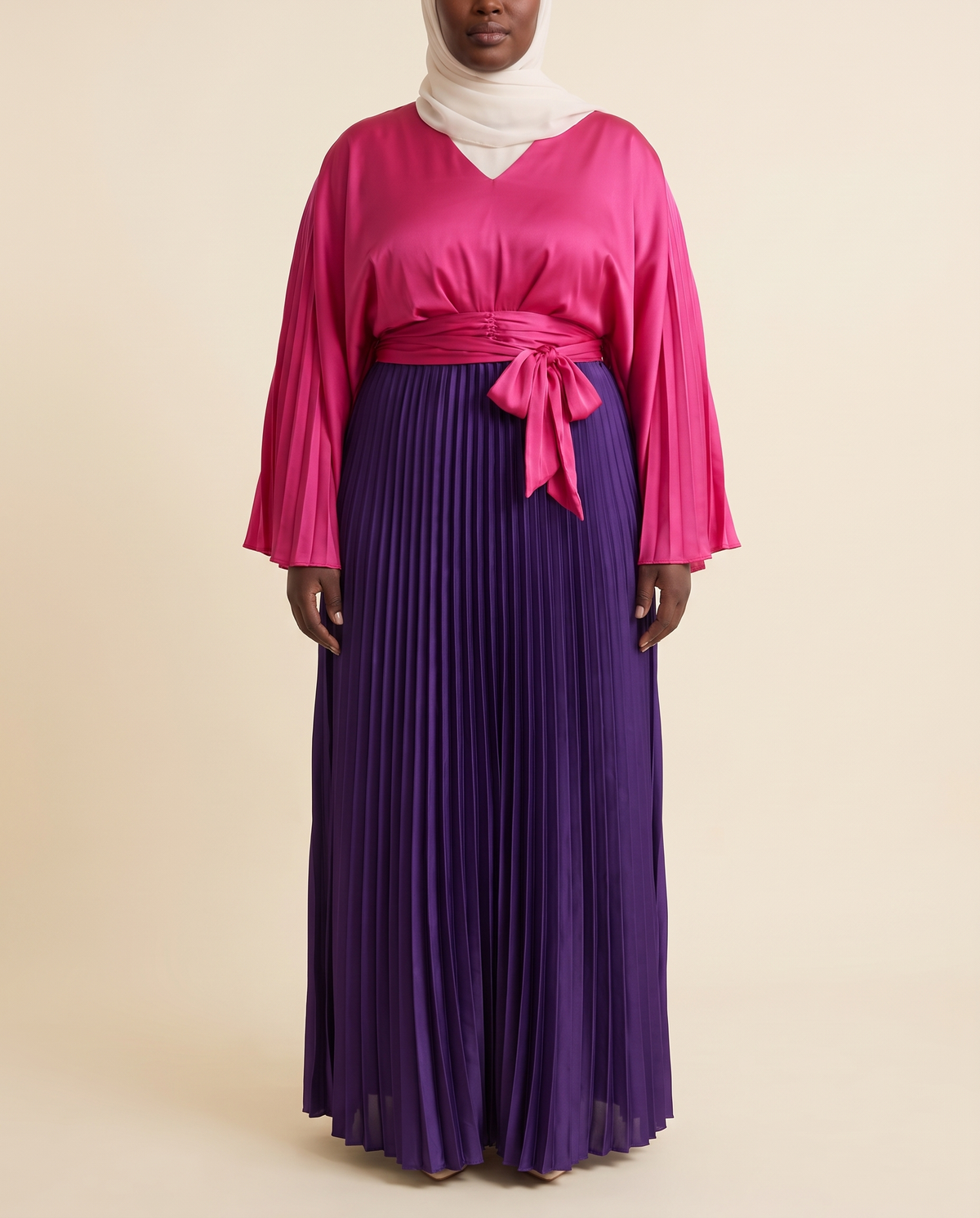 Two-Tone Pleated Batwing Maxi Dress – Fuchsia & Purple, on model (curve)