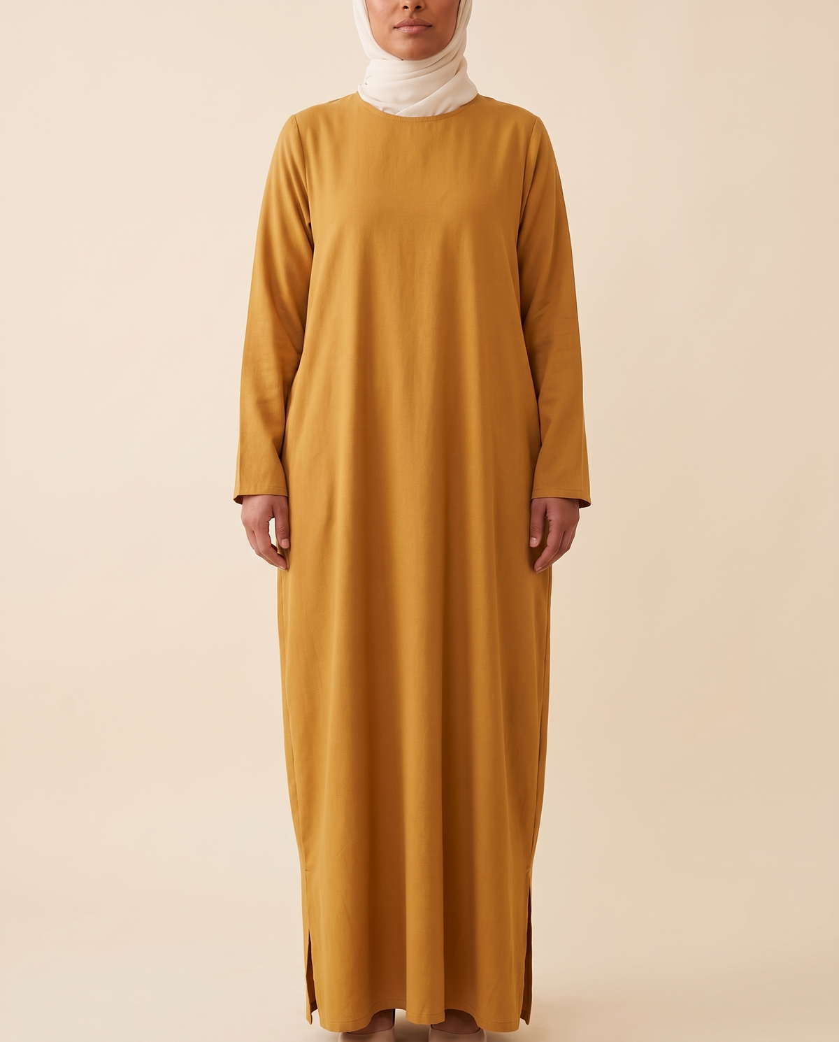 Pocketed Long-Sleeve Abaya Dress – Mustard, on model