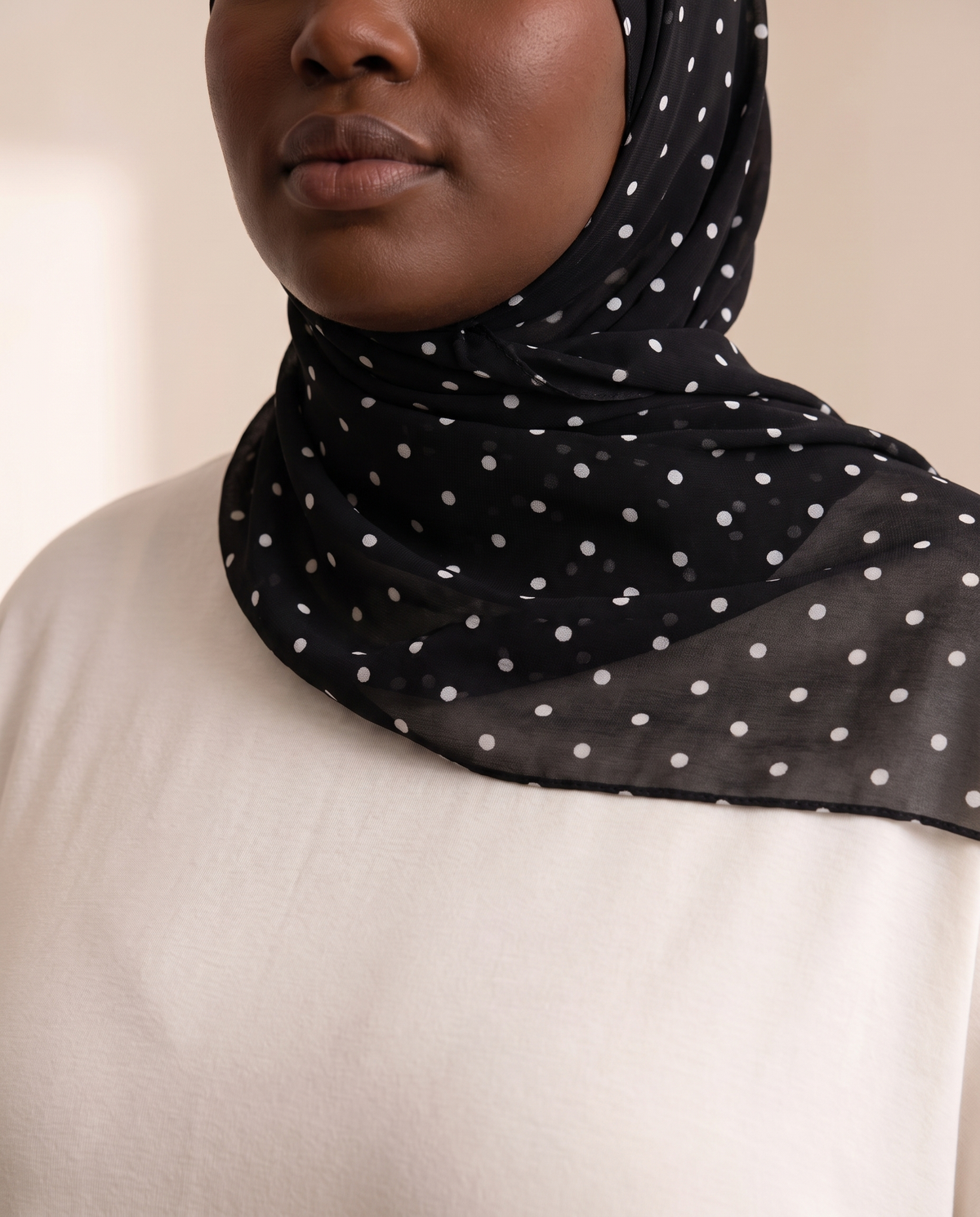 Polka Dot Chiffon Instant Hijab – Black Polka Dot, on model