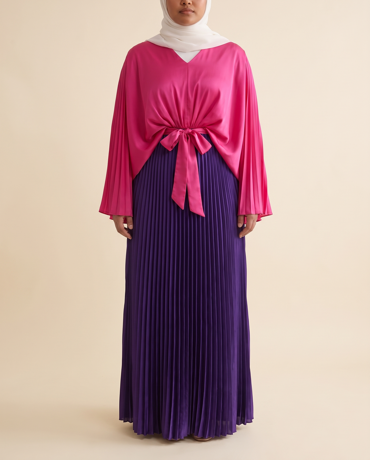Two-Tone Pleated Batwing Maxi Dress – Fuchsia & Purple, on model