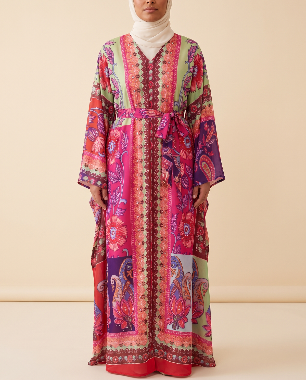 Printed Jalabiya With Waist Sash – Fuchsia Paisley, on model (2)