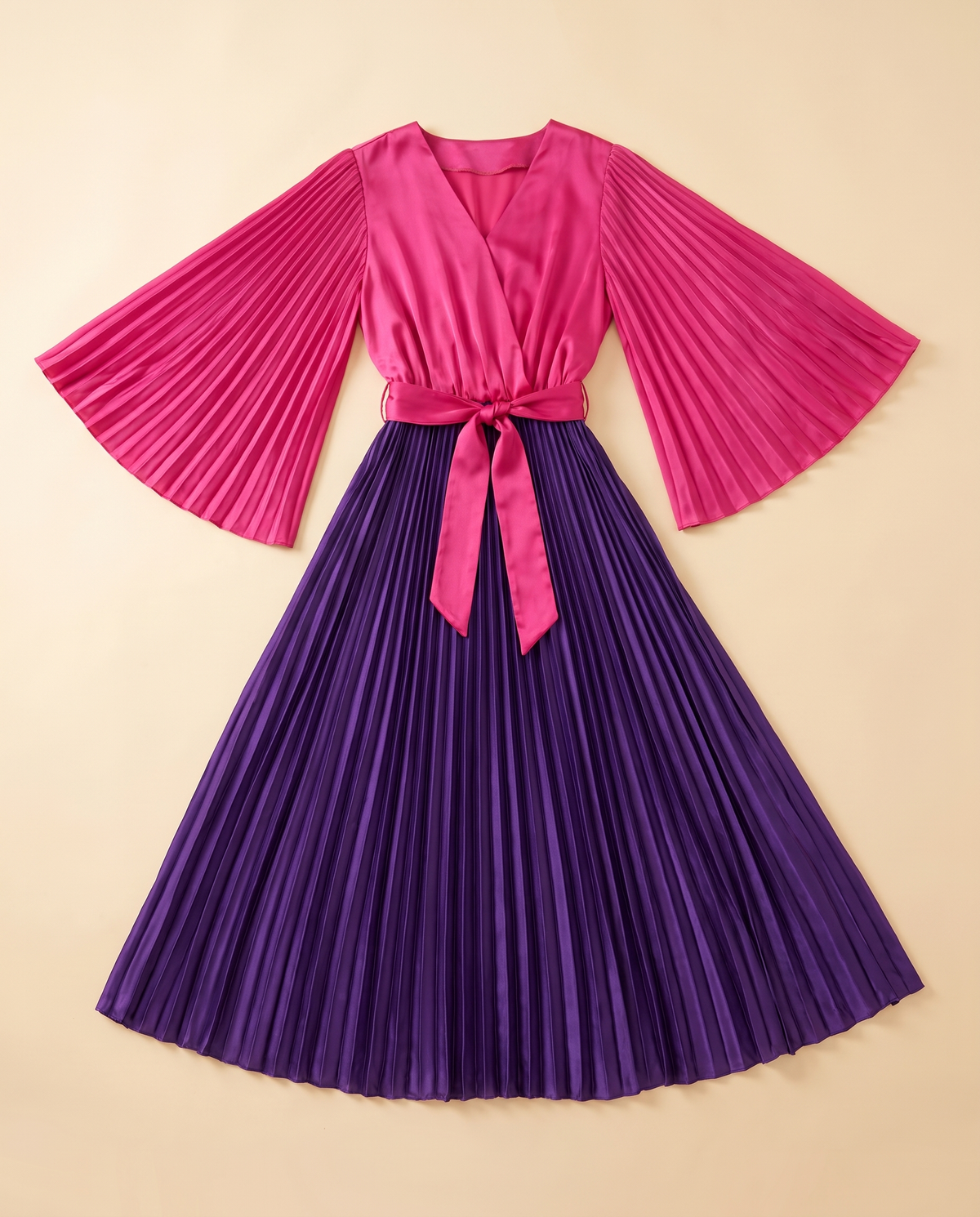 Two-Tone Pleated Batwing Maxi Dress – Fuchsia & Purple