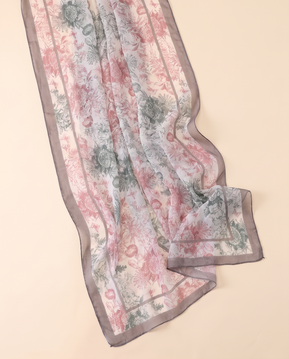 Printed Chiffon Hijab Shawl – Pink & Grey Botanical