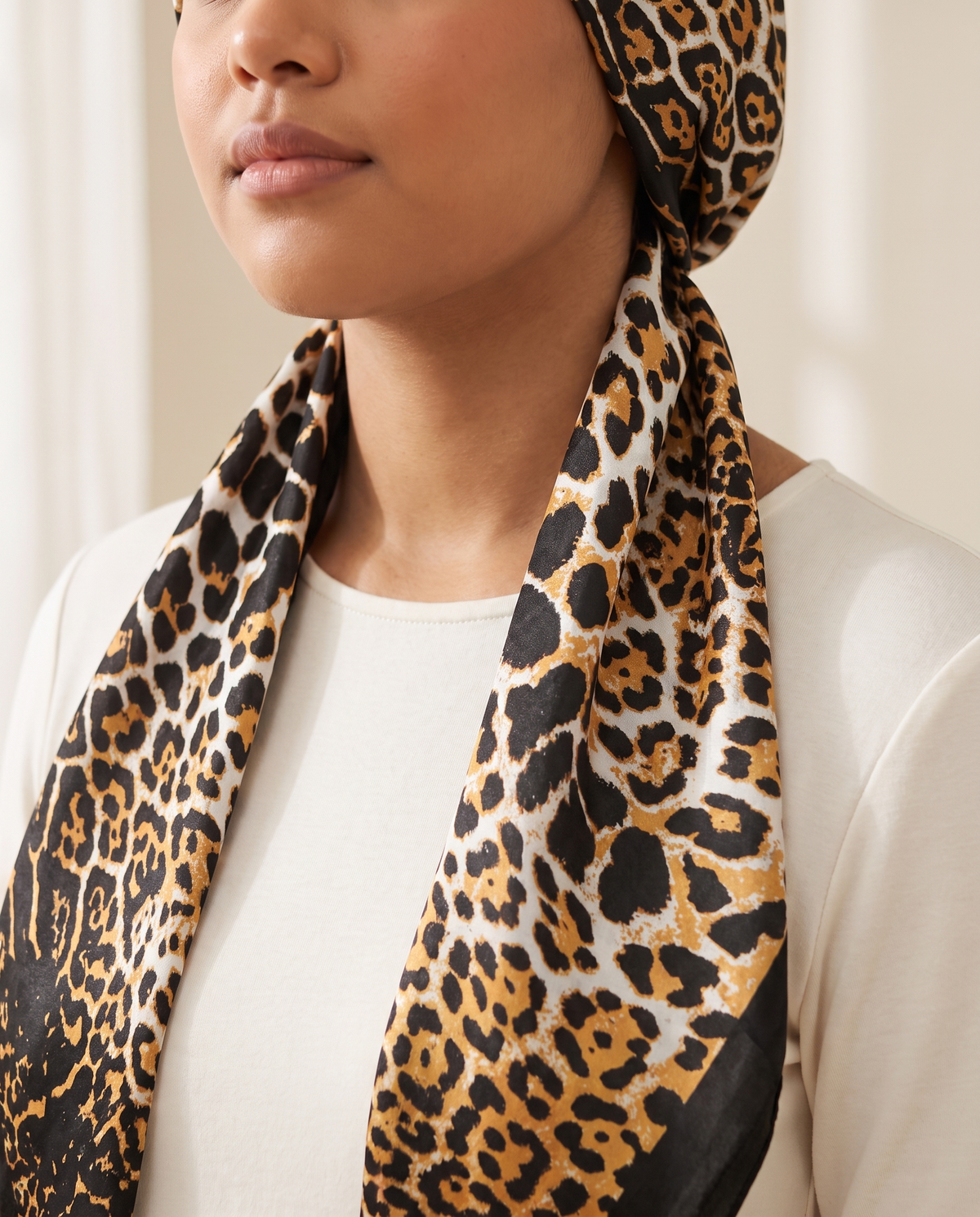Printed Satin Turban Cap with Tails – Gold Leopard, on model