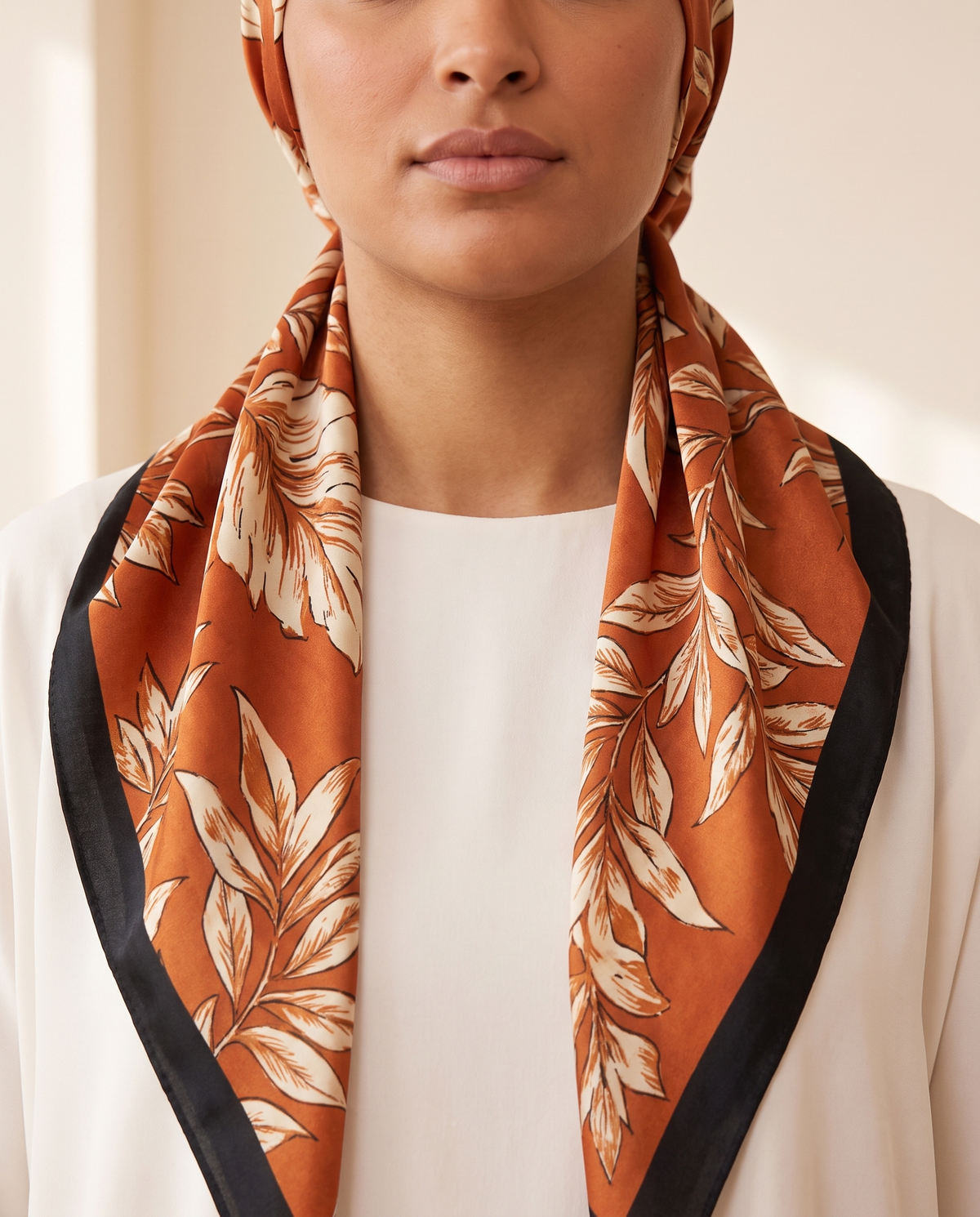 Botanical Print Satin Turban Cap – Rust Botanical, on model