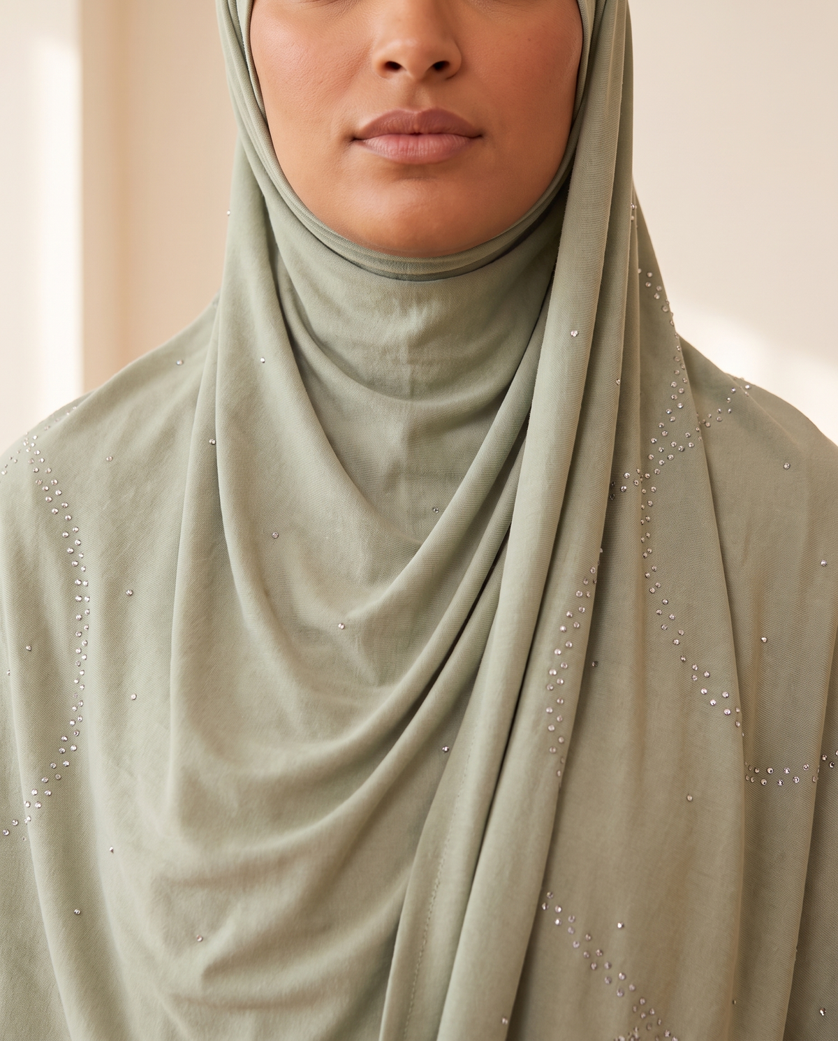 Raneem Instant Hijab for Ramadan – Sage, on model