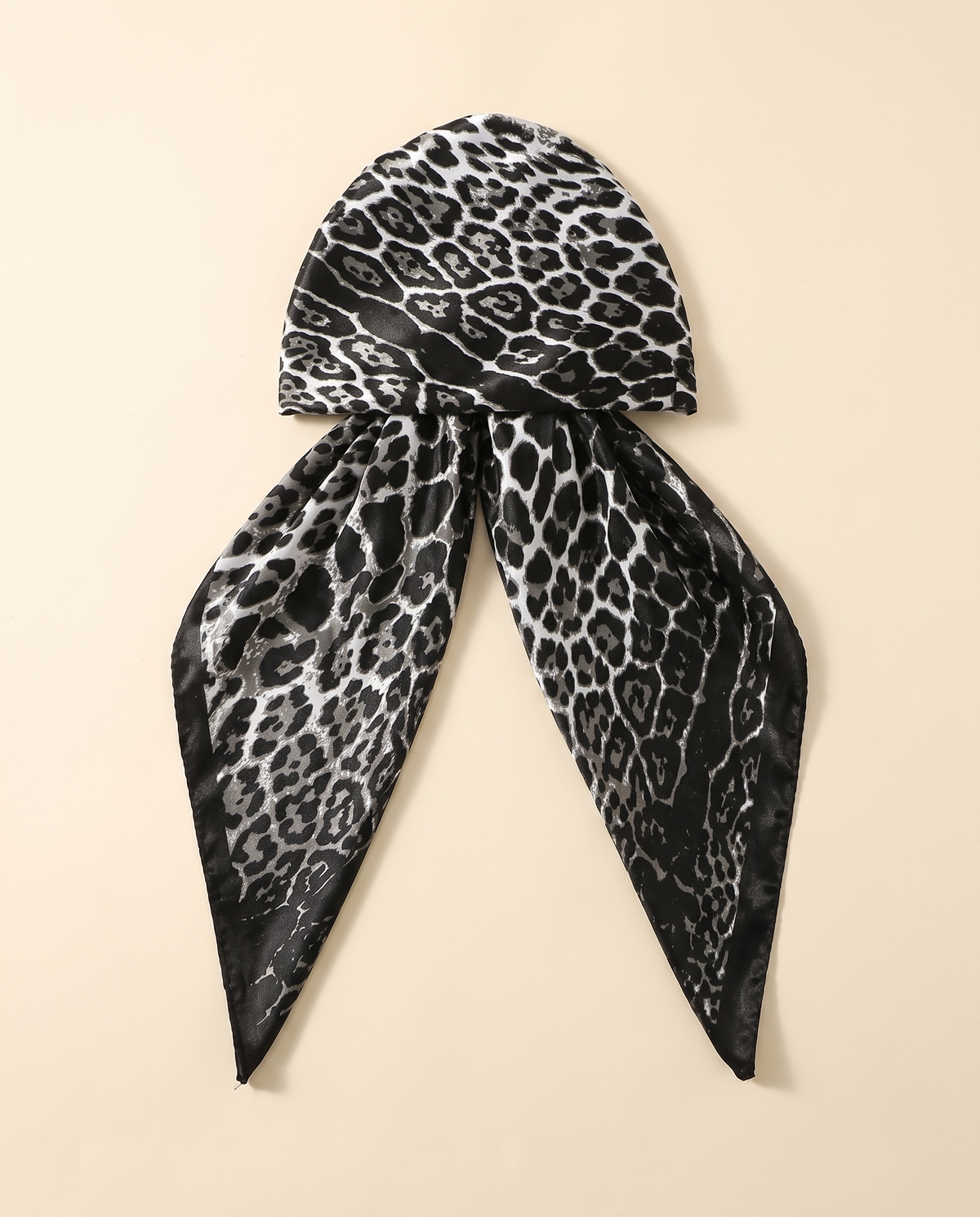 Printed Satin Turban Cap with Tails – Grey Leopard