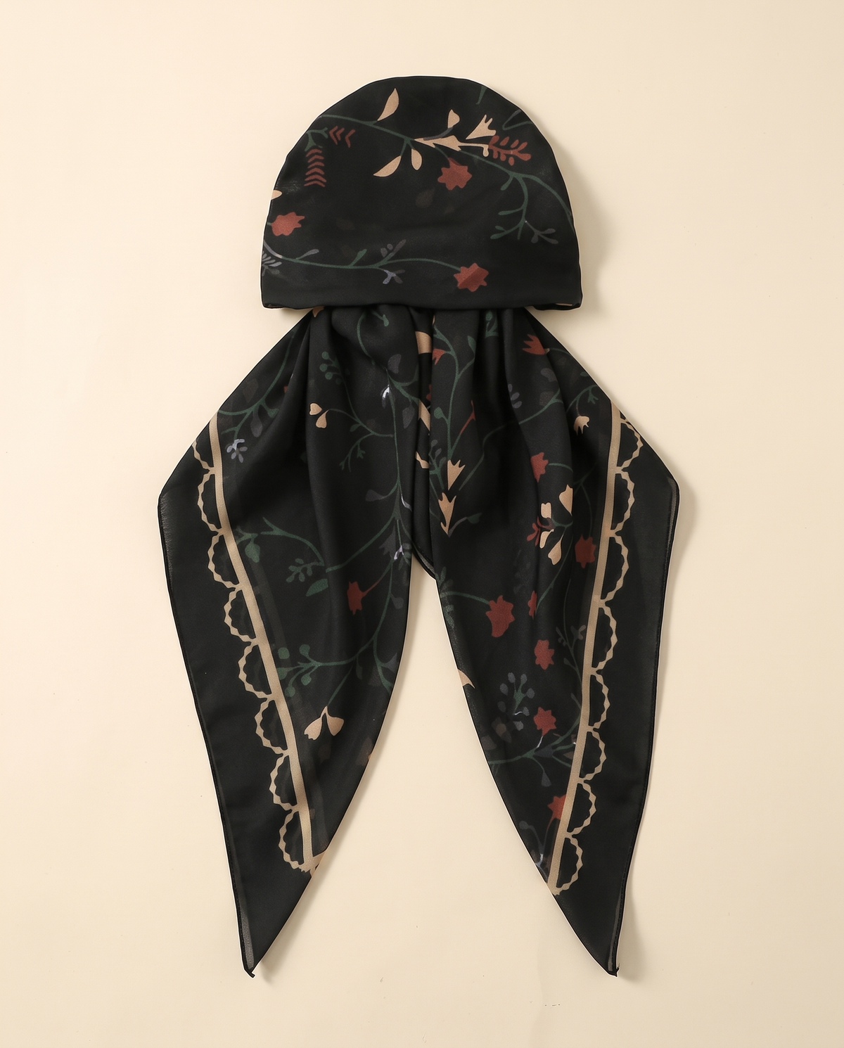 Printed Satin Turban Cap with Tails – Black Floral