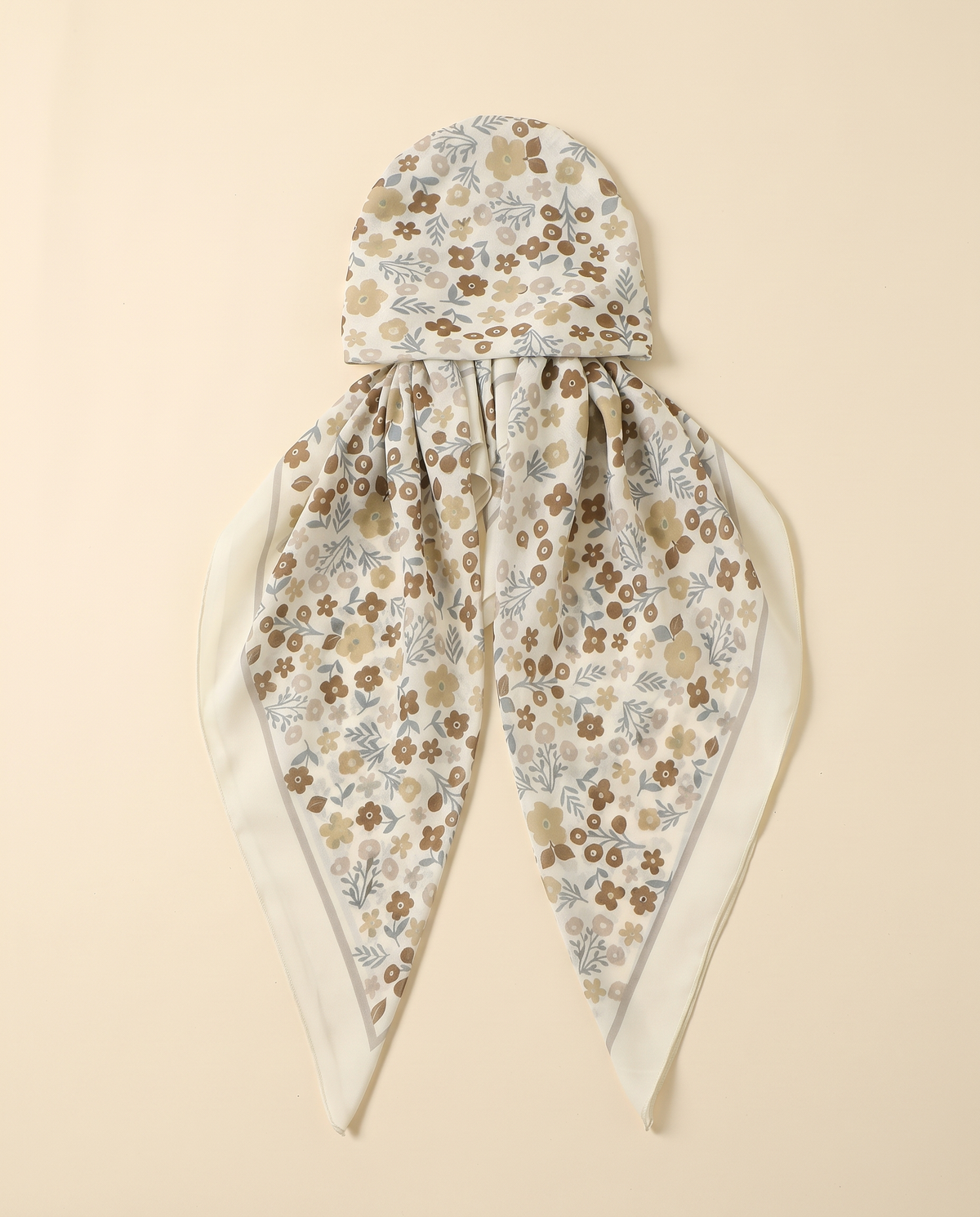Printed Satin Turban Cap with Tails – Cream Floral