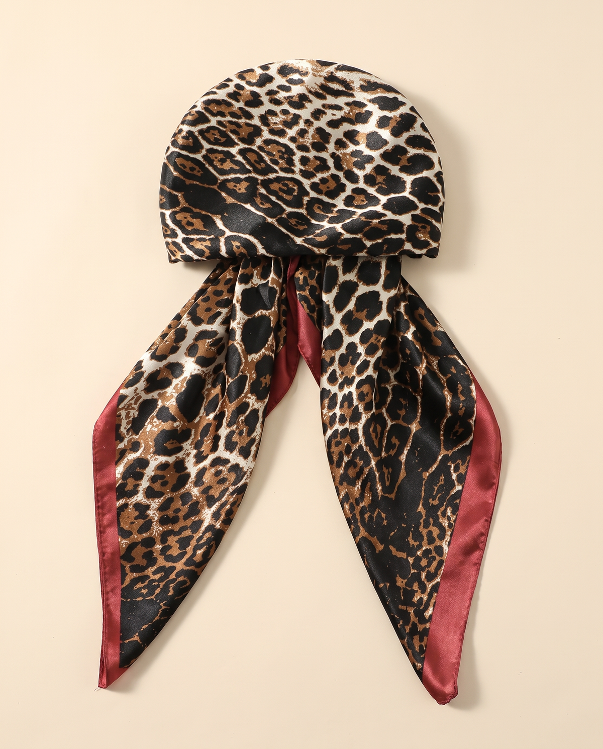 Printed Satin Turban Cap with Tails – Leopard & Burgundy