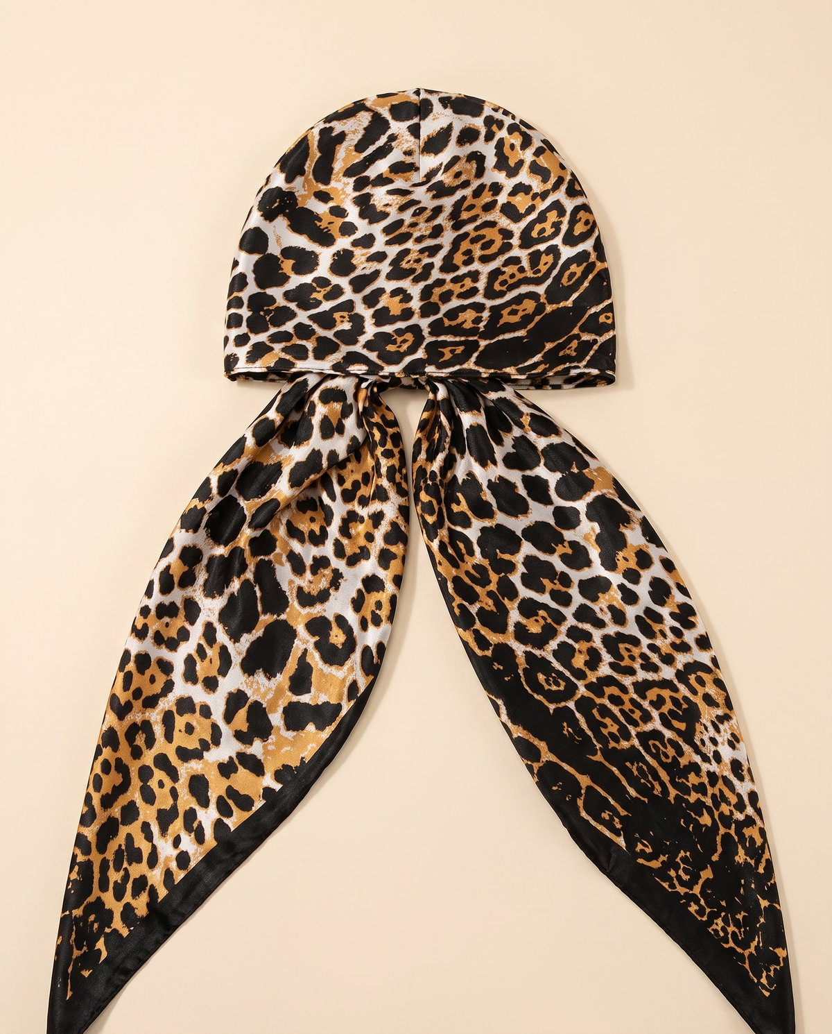 Printed Satin Turban Cap with Tails – Gold Leopard