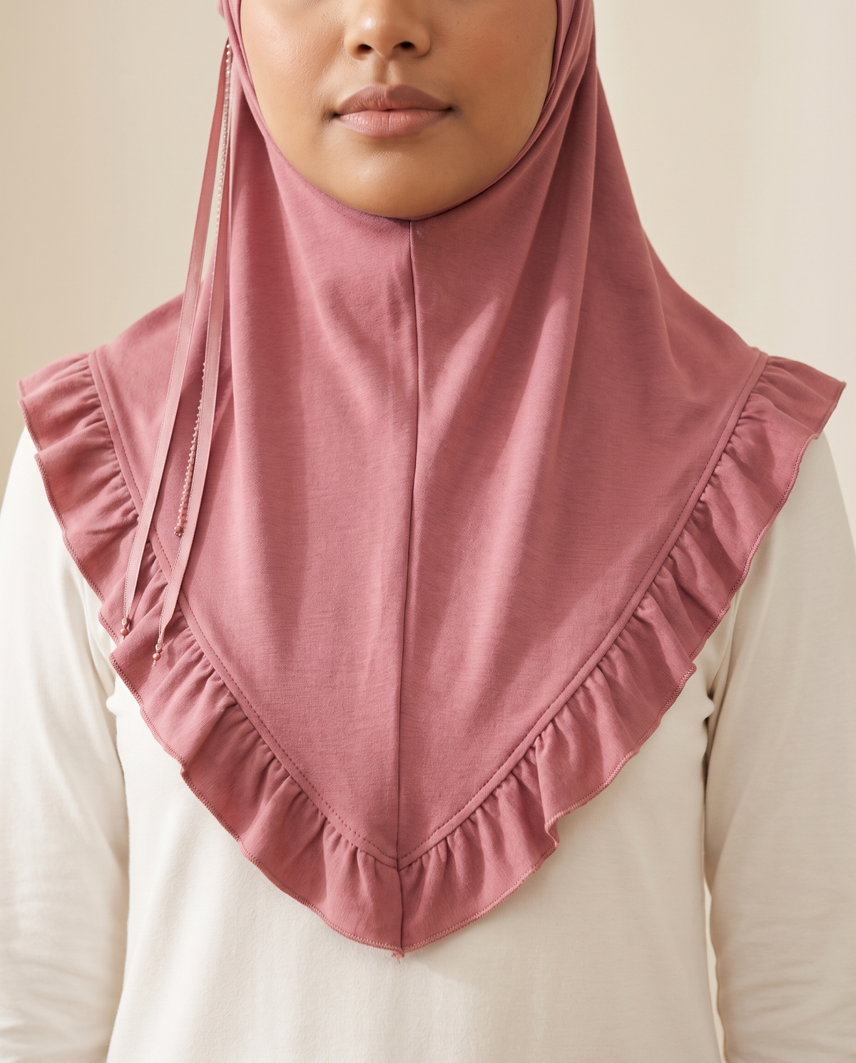 Ruffle-hem instant hijab in Dusty Rose, worn