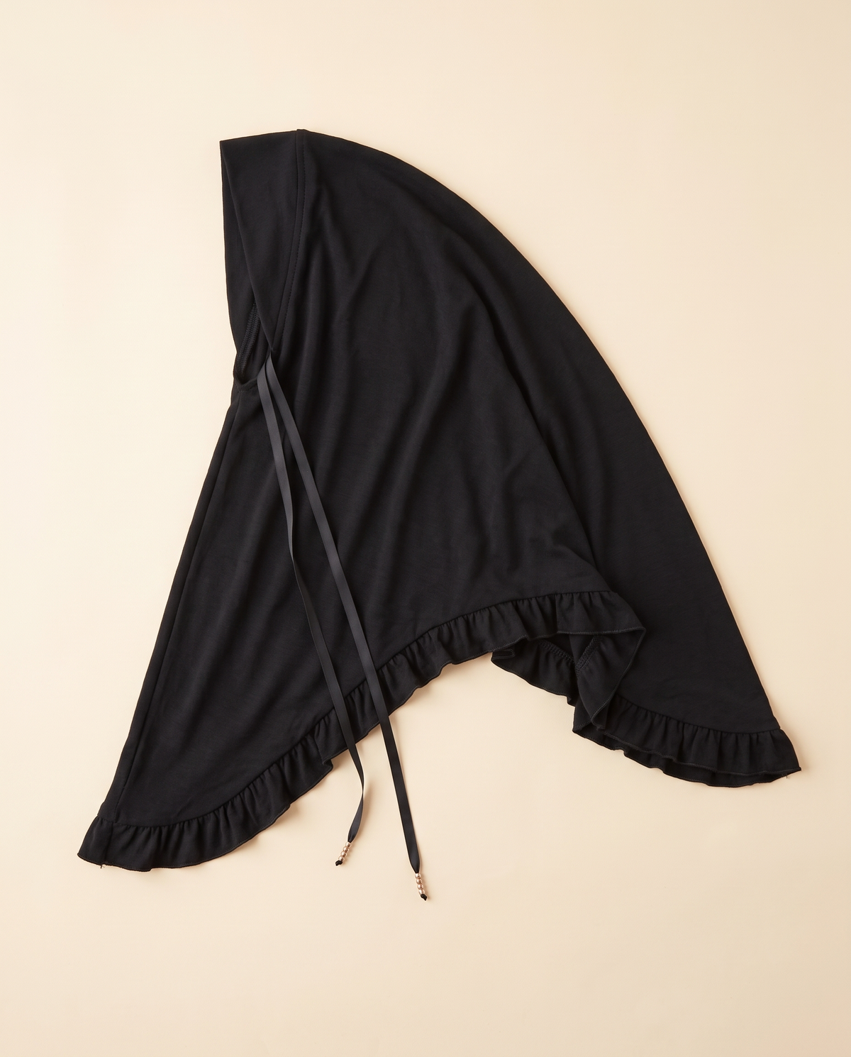 Ruffle-hem instant hijab in Black, flat
