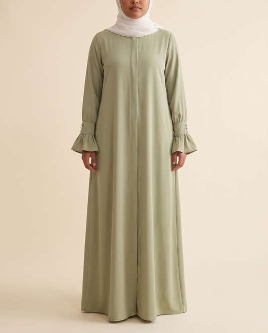 Ruffle-cuff abaya dress in Sage, front