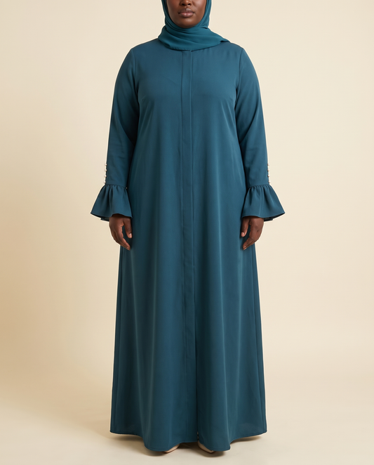 Ruffle-cuff abaya dress in Peacock Teal, front