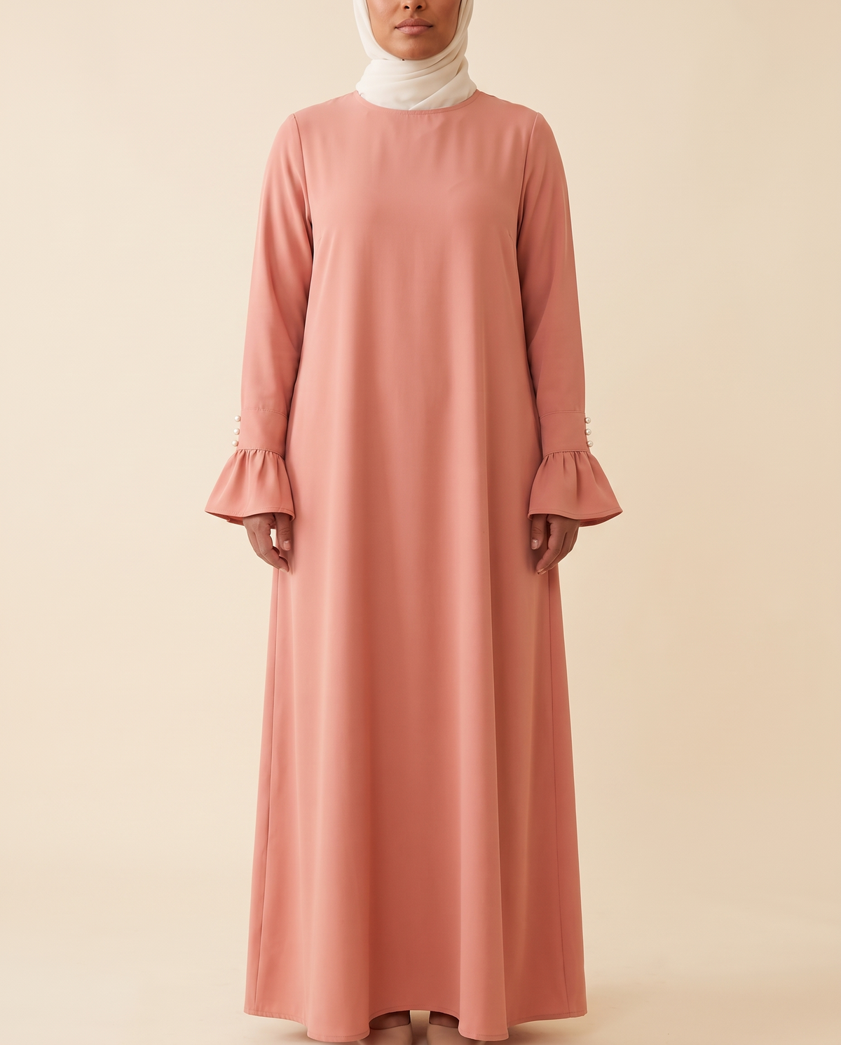 Ruffle-cuff abaya dress in Salmon Pink, front