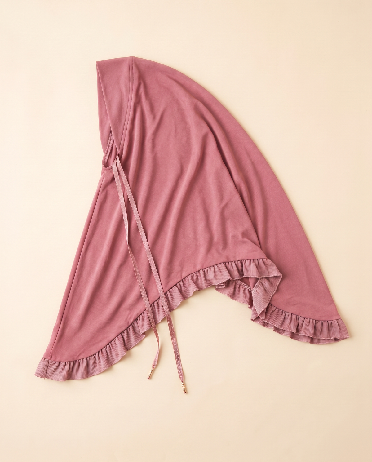 Ruffle-hem instant hijab in Dusty Rose, flat
