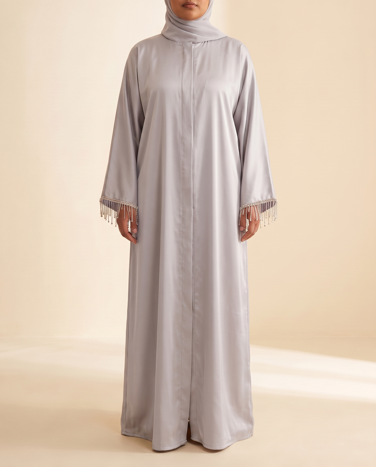 Roya crystal-cuff kaftan in Silver Grey, front