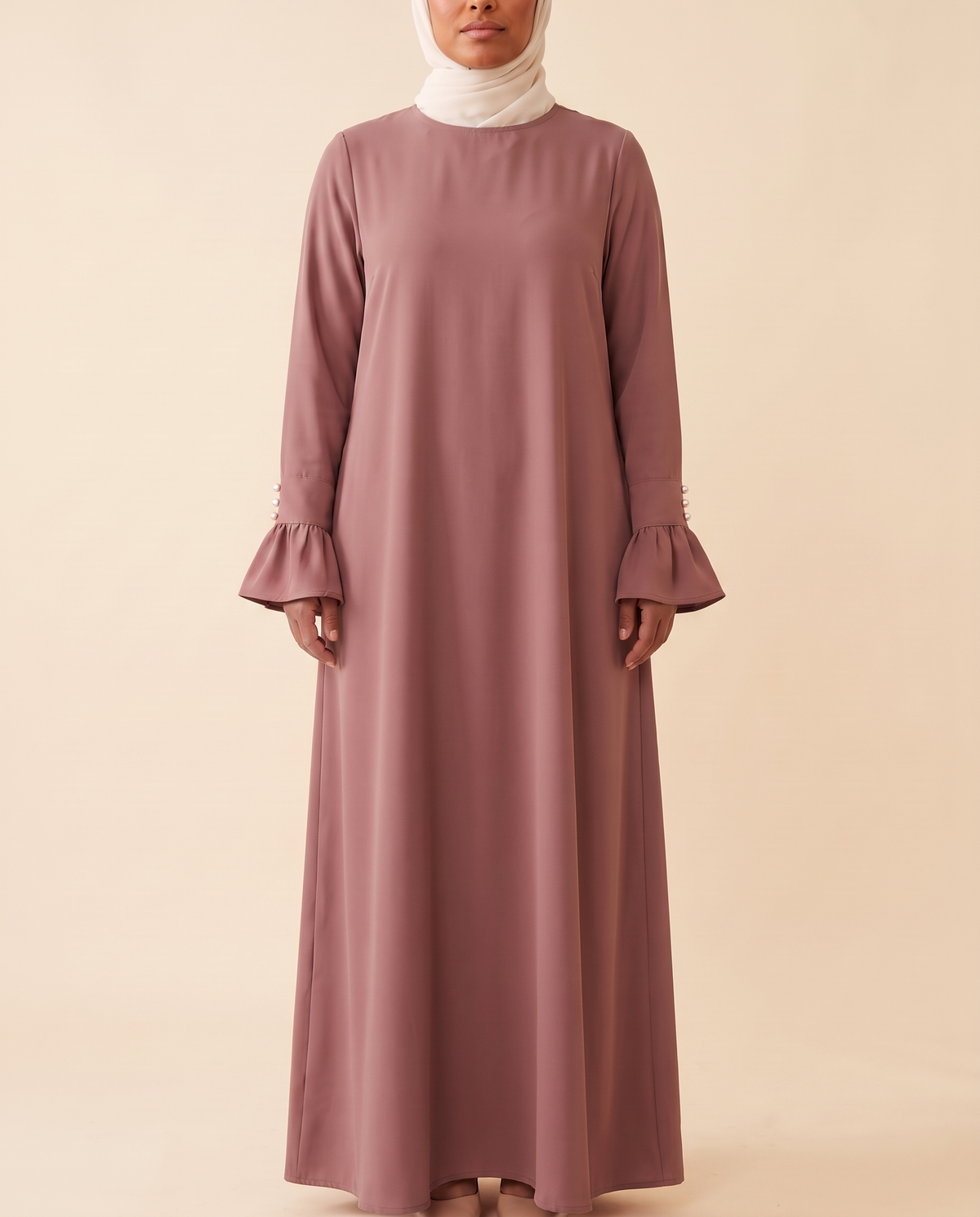 Ruffle-cuff abaya dress in Dusty Mauve, front