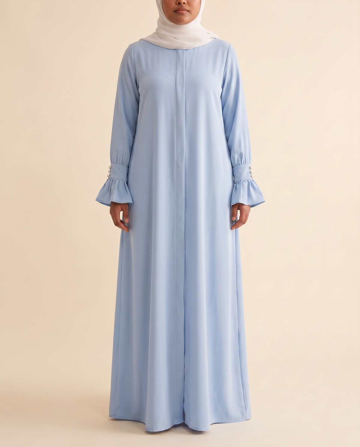 Ruffle-cuff abaya dress in Sky Blue, front