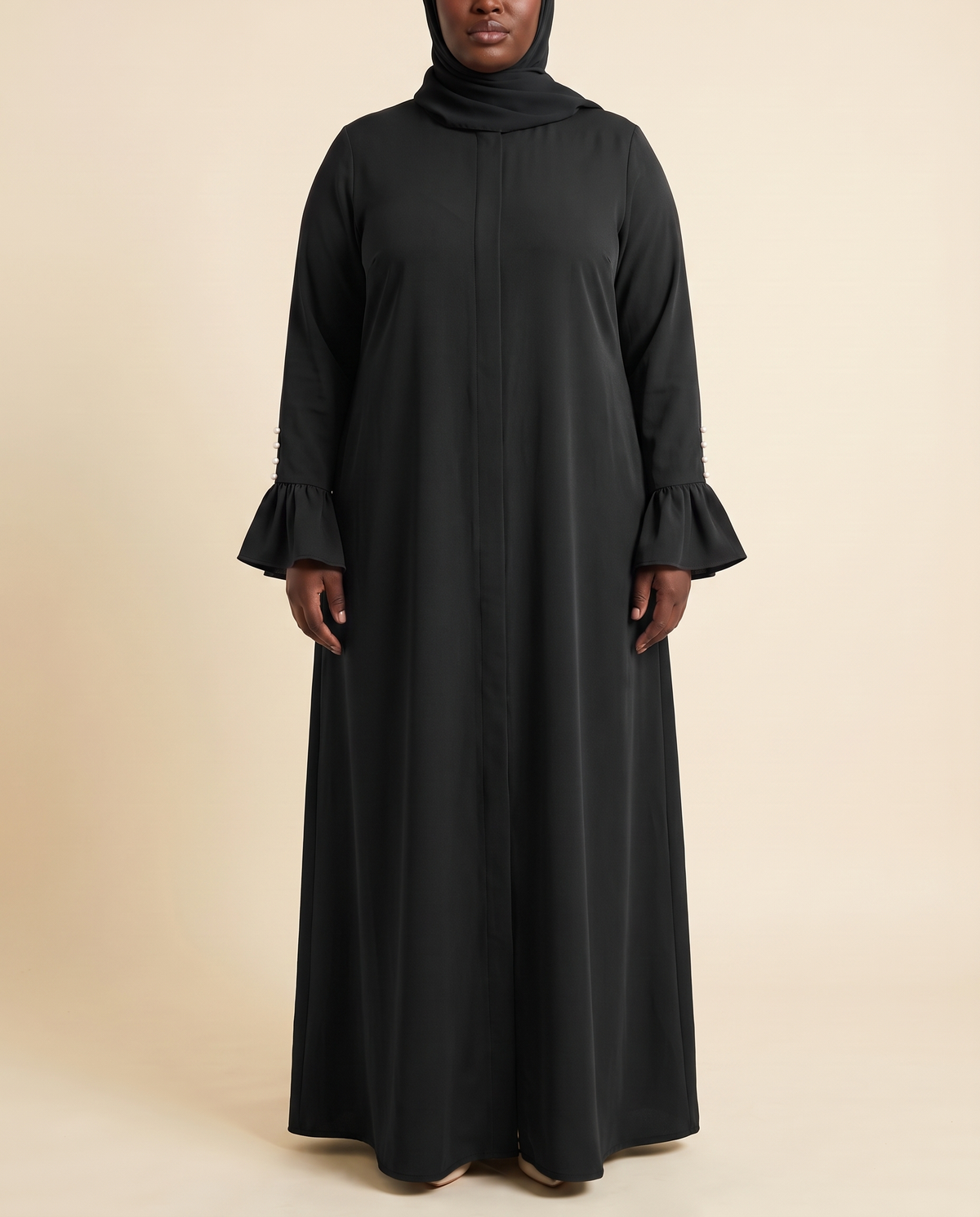 Ruffle-cuff abaya dress in Black, front