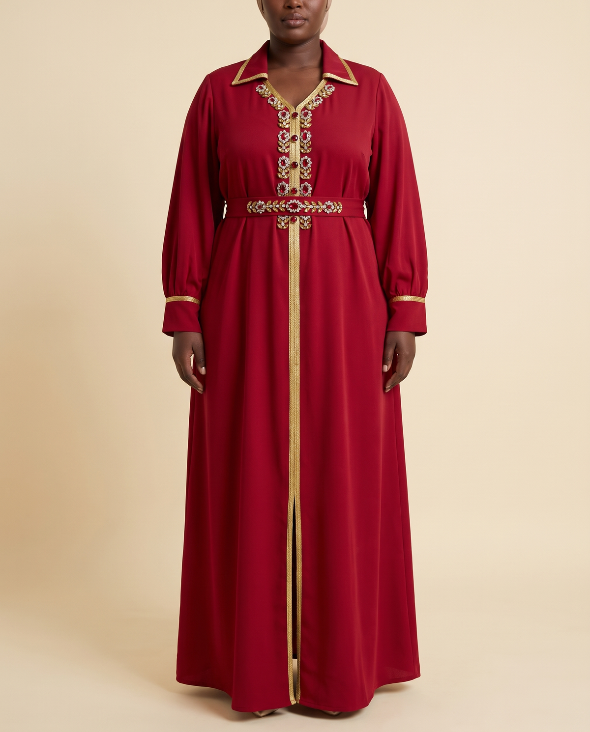Sahar diamanté lapel abaya dress in Red, front