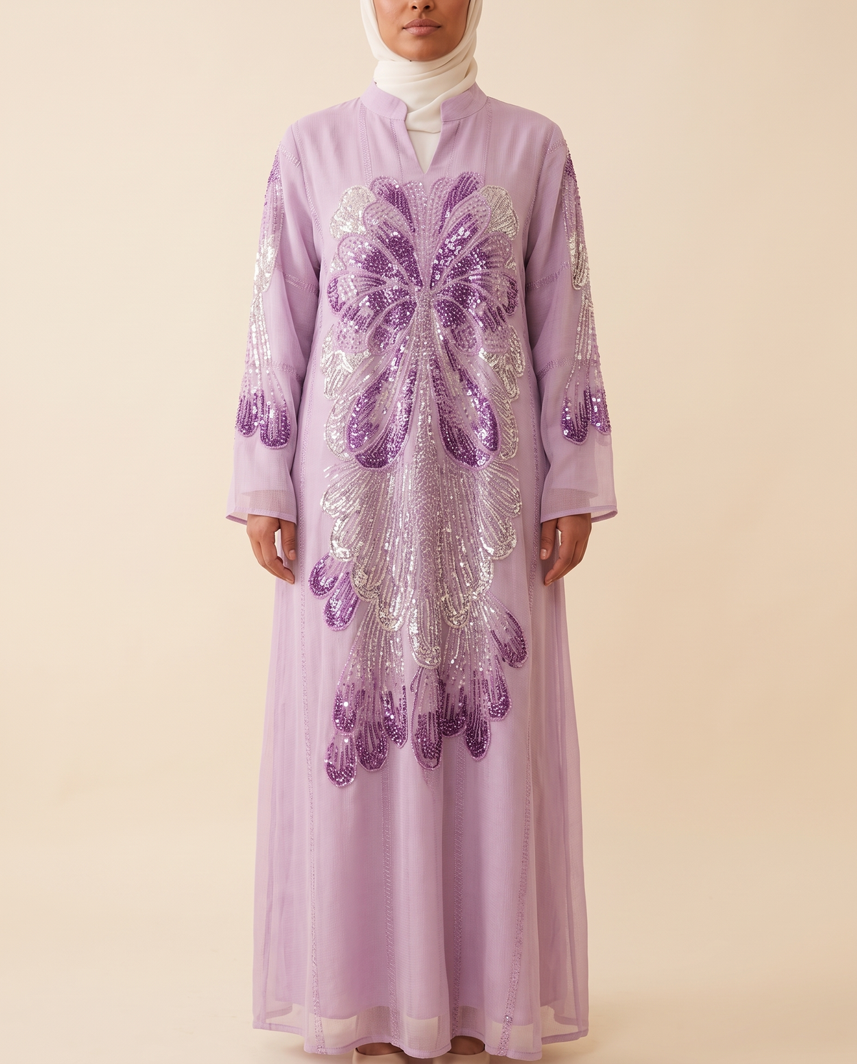 Sana embellished evening abaya in Lilac, front